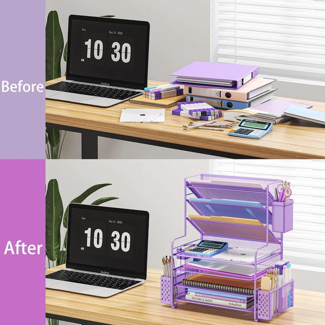 Alt view image 5 of 6 - 7 Tier Desk File Organizer, Letter Tray Paper Organizer with Pen Holder and Metal Hanging Basket, Purple
