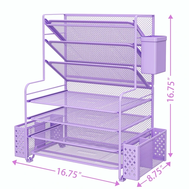 Alt view image 3 of 6 - 7 Tier Desk File Organizer, Letter Tray Paper Organizer with Pen Holder and Metal Hanging Basket, Purple