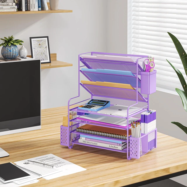 Alt view image 6 of 6 - 7 Tier Desk File Organizer, Letter Tray Paper Organizer with Pen Holder and Metal Hanging Basket, Purple