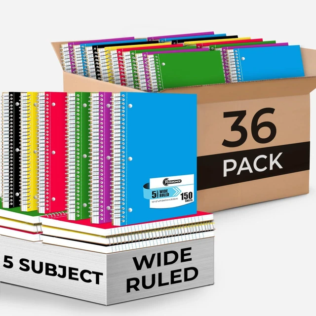 Main image of 36 Pack, 5 Subject Notebook Wide Ruled, 150 Sheets (300 Pages) Sturdy Spiral Journal Notebook, Wide Ruled, 8 x 10-1/2, Bulk School & Office Spiral Notebooks, 300 Pages, Assorted Colors