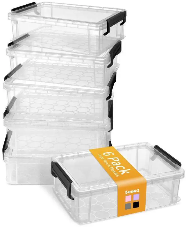 Main image of 6 Pack Extra Large Pencil Box, Plastic Pencil Case Crayon Box Clear Marker Organizer Plastic Containers with Lid, Stackable Storage Boxes for Art Craft,Back to School Supplies, Black