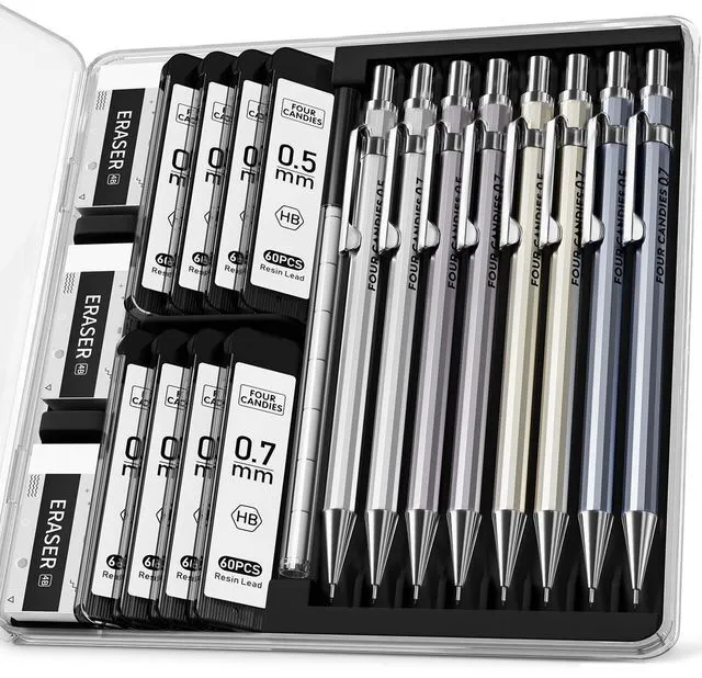 Main image of Metal Mechanical Pencil Set, 0.5/0.7mm, 8-Pack with Case, Two Sizes 480 Leads, 3 Erasers+9 Refills, for School Writing, Sketching, Art Drawing & Professional Drafting