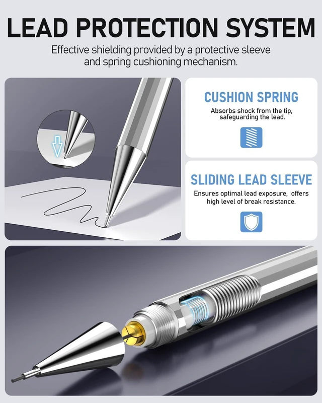 Alt view image 4 of 7 - Metal Mechanical Pencil Set, 0.5/0.7mm, 8-Pack with Case, Two Sizes 480 Leads, 3 Erasers+9 Refills, for School Writing, Sketching, Art Drawing & Professional Drafting