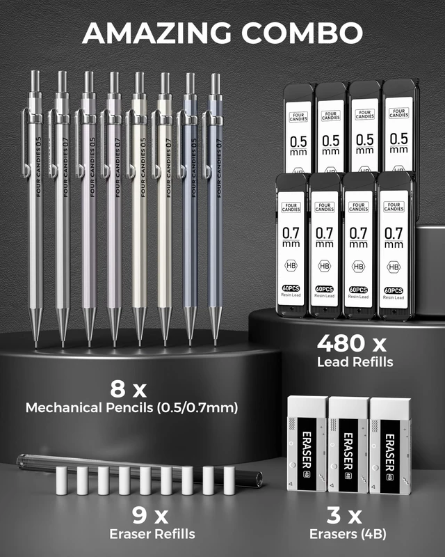 Alt view image 2 of 7 - Metal Mechanical Pencil Set, 0.5/0.7mm, 8-Pack with Case, Two Sizes 480 Leads, 3 Erasers+9 Refills, for School Writing, Sketching, Art Drawing & Professional Drafting