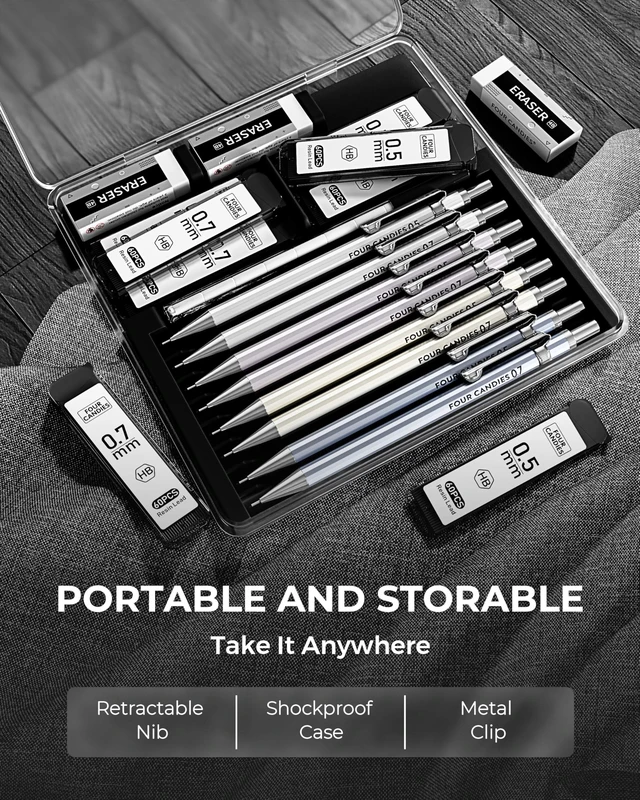 Alt view image 6 of 7 - Metal Mechanical Pencil Set, 0.5/0.7mm, 8-Pack with Case, Two Sizes 480 Leads, 3 Erasers+9 Refills, for School Writing, Sketching, Art Drawing & Professional Drafting