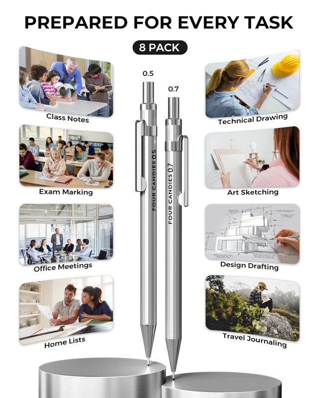 Alt view image 7 of 7 - Metal Mechanical Pencil Set, 0.5/0.7mm, 8-Pack with Case, Two Sizes 480 Leads, 3 Erasers+9 Refills, for School Writing, Sketching, Art Drawing & Professional Drafting