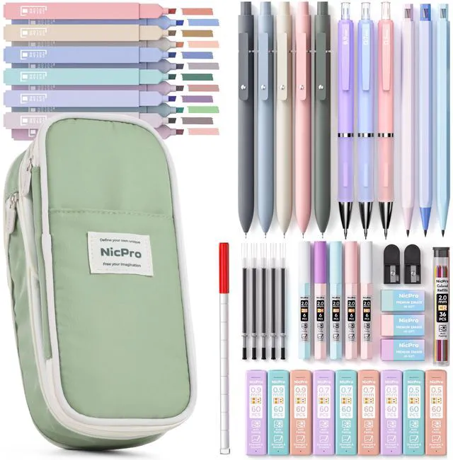 Main image of School Supplies Stationary Set with Pencil Case, 50 PCS Green Back to Schoo Supplies, Pen Case with 12 Highlighter, 5 Gel Pen, 6 Mechanical Pencil, Essentials for College, Nursing Student