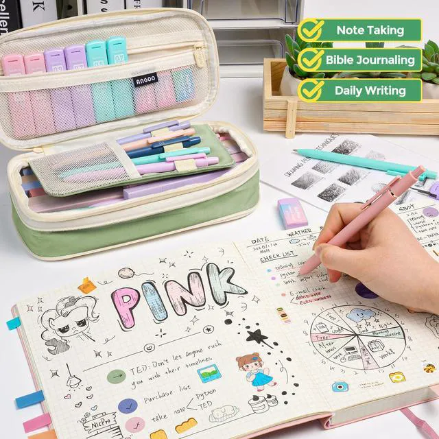 Alt view image 6 of 6 - School Supplies Stationary Set with Pencil Case, 50 PCS Green Back to Schoo Supplies, Pen Case with 12 Highlighter, 5 Gel Pen, 6 Mechanical Pencil, Essentials for College, Nursing Student