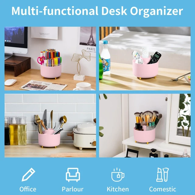 Alt view image 2 of 7 - Desk Organizer, 360-Degree Rotating Pen Holder, Desk Organizers and Accessories with 5 Compartments Pencil Organizer, Art Supply Storage Box Caddy for Office, Home(Pink)