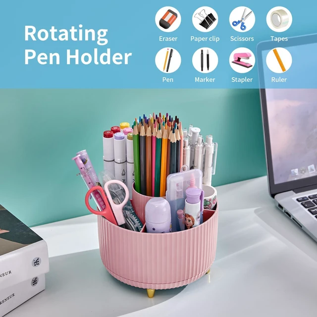 Alt view image 3 of 7 - Desk Organizer, 360-Degree Rotating Pen Holder, Desk Organizers and Accessories with 5 Compartments Pencil Organizer, Art Supply Storage Box Caddy for Office, Home(Pink)