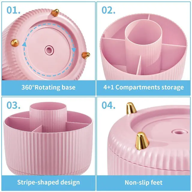 Alt view image 4 of 7 - Desk Organizer, 360-Degree Rotating Pen Holder, Desk Organizers and Accessories with 5 Compartments Pencil Organizer, Art Supply Storage Box Caddy for Office, Home(Pink)