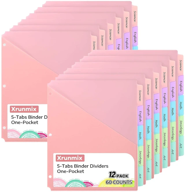 Main image of 5 Tabs Dividers with Pockets for 3 Ring Binder, 5 Counts Binder Dividers for US Letter Size, Binder Dividers with Tabs for School Office Organization(XY025) (12)