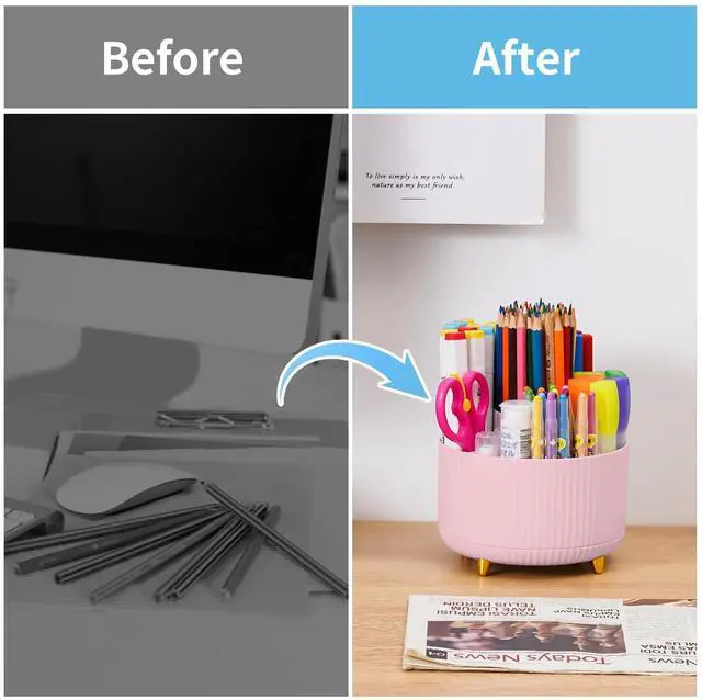 Alt view image 7 of 7 - Desk Organizer, 360-Degree Rotating Pen Holder, Desk Organizers and Accessories with 5 Compartments Pencil Organizer, Art Supply Storage Box Caddy for Office, Home(Pink)