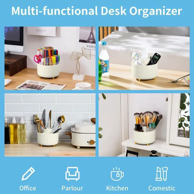 Alt view image 2 of 7 - Desk Organizer, 360-Degree Rotating Pen Holder, 5-Compartment Pencil Organizer, Art Supply Storage Box Caddy for Office and Home (Ivory)