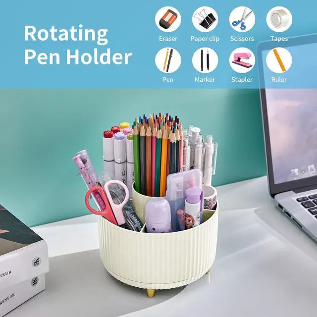 Alt view image 3 of 7 - Desk Organizer, 360-Degree Rotating Pen Holder, 5-Compartment Pencil Organizer, Art Supply Storage Box Caddy for Office and Home (Ivory)