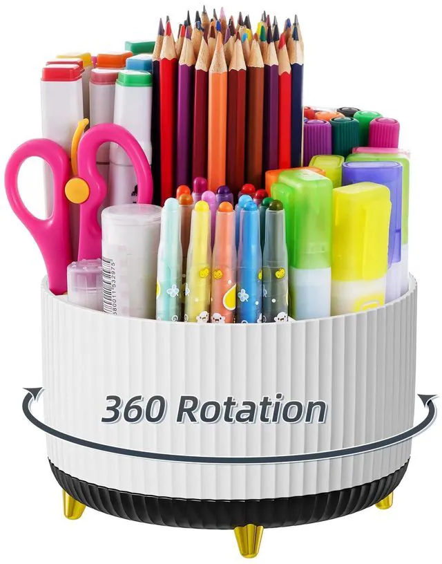 Main image of Desk Organizer, 360-Degree Rotating Pen Holder, Desk Organizers and Accessories with 5 Compartments Pencil Holder, Art Supply Storage Box Caddy for Office, Home (White+Black)