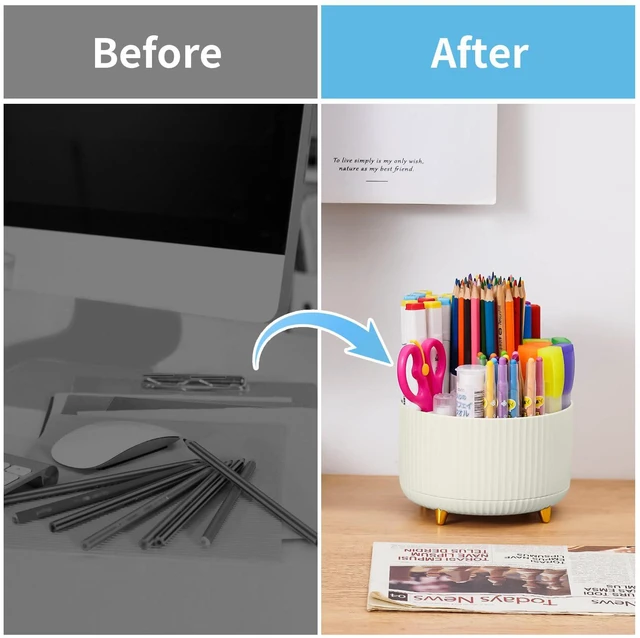 Alt view image 7 of 7 - Desk Organizer, 360-Degree Rotating Pen Holder, 5-Compartment Pencil Organizer, Art Supply Storage Box Caddy for Office and Home (Ivory)