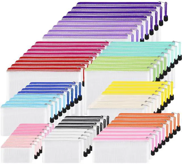 Main image of 64pcs Mesh Zipper Pouch Bags, 8 Sizes Plastic Bags, 15 Colors Waterproof Pouches with Slide Fastener for Organization, Multipurpose for Travel, Office and Home Organization