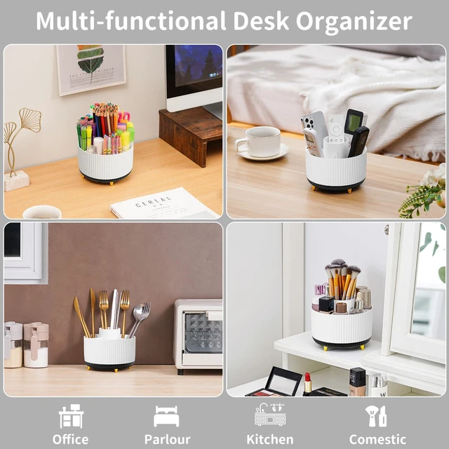 Alt view image 2 of 7 - Desk Organizer, 360-Degree Rotating Pen Holder, Desk Organizers and Accessories with 5 Compartments Pencil Holder, Art Supply Storage Box Caddy for Office, Home (White+Black)