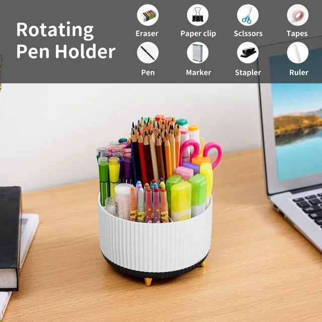 Alt view image 3 of 7 - Desk Organizer, 360-Degree Rotating Pen Holder, Desk Organizers and Accessories with 5 Compartments Pencil Holder, Art Supply Storage Box Caddy for Office, Home (White+Black)