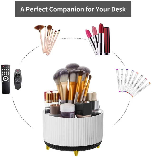 Alt view image 6 of 7 - Desk Organizer, 360-Degree Rotating Pen Holder, Desk Organizers and Accessories with 5 Compartments Pencil Holder, Art Supply Storage Box Caddy for Office, Home (White+Black)