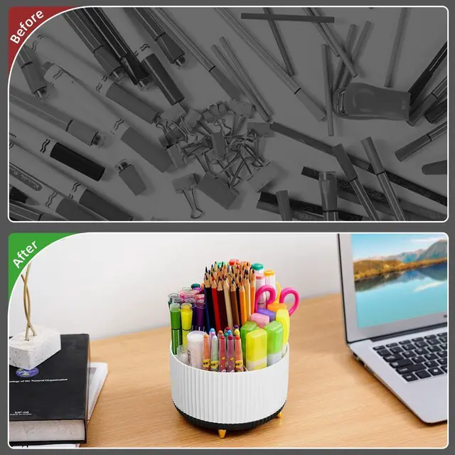 Alt view image 7 of 7 - Desk Organizer, 360-Degree Rotating Pen Holder, Desk Organizers and Accessories with 5 Compartments Pencil Holder, Art Supply Storage Box Caddy for Office, Home (White+Black)
