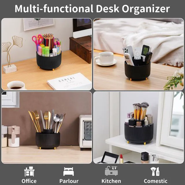 Alt view image 2 of 7 - Desk Organizer, 360-Degree Rotating Pen Holder, Desk Organizers and Accessories with 5 Compartments Pencil Holder, Art Supply Storage Box Caddy for Office, Home (Black)