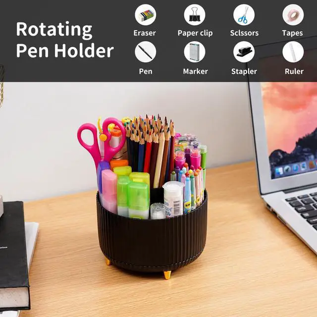 Alt view image 3 of 7 - Desk Organizer, 360-Degree Rotating Pen Holder, Desk Organizers and Accessories with 5 Compartments Pencil Holder, Art Supply Storage Box Caddy for Office, Home (Black)