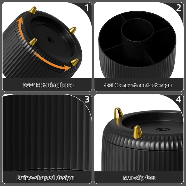 Alt view image 4 of 7 - Desk Organizer, 360-Degree Rotating Pen Holder, Desk Organizers and Accessories with 5 Compartments Pencil Holder, Art Supply Storage Box Caddy for Office, Home (Black)