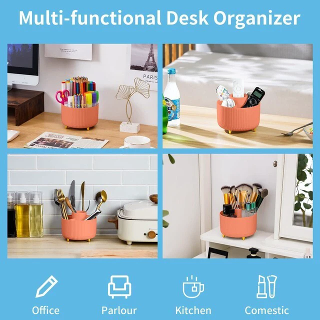 Alt view image 2 of 7 - Desk Organizer, 360-Degree Rotating Pen Holder, Desk Organizers and Accessories with 5 Compartments Pencil Holder, Art Supply Storage Box Caddy for Office, HomeOrange