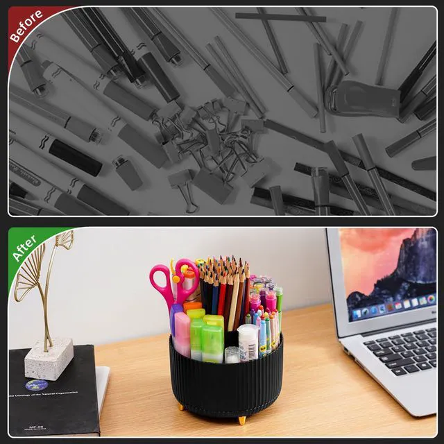 Alt view image 7 of 7 - Desk Organizer, 360-Degree Rotating Pen Holder, Desk Organizers and Accessories with 5 Compartments Pencil Holder, Art Supply Storage Box Caddy for Office, Home (Black)