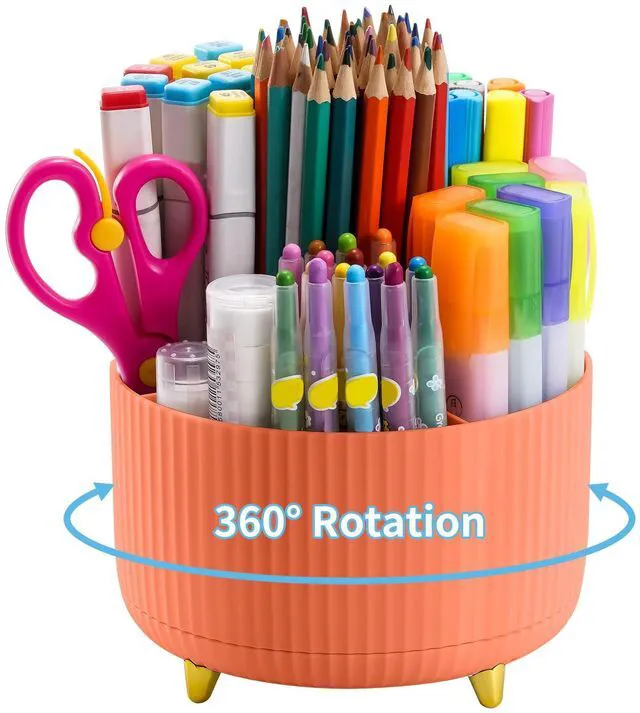 Main image of Desk Organizer, 360-Degree Rotating Pen Holder, Desk Organizers and Accessories with 5 Compartments Pencil Holder, Art Supply Storage Box Caddy for Office, HomeOrange