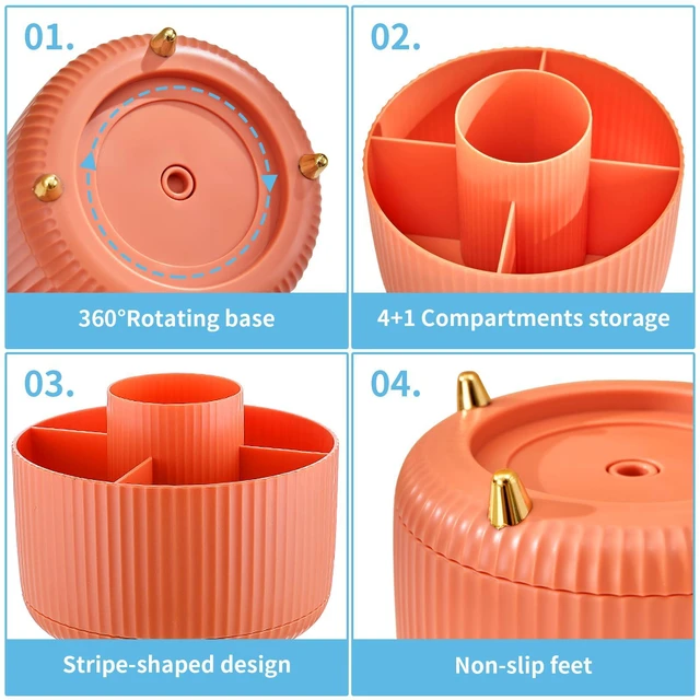 Alt view image 4 of 7 - Desk Organizer, 360-Degree Rotating Pen Holder, Desk Organizers and Accessories with 5 Compartments Pencil Holder, Art Supply Storage Box Caddy for Office, HomeOrange
