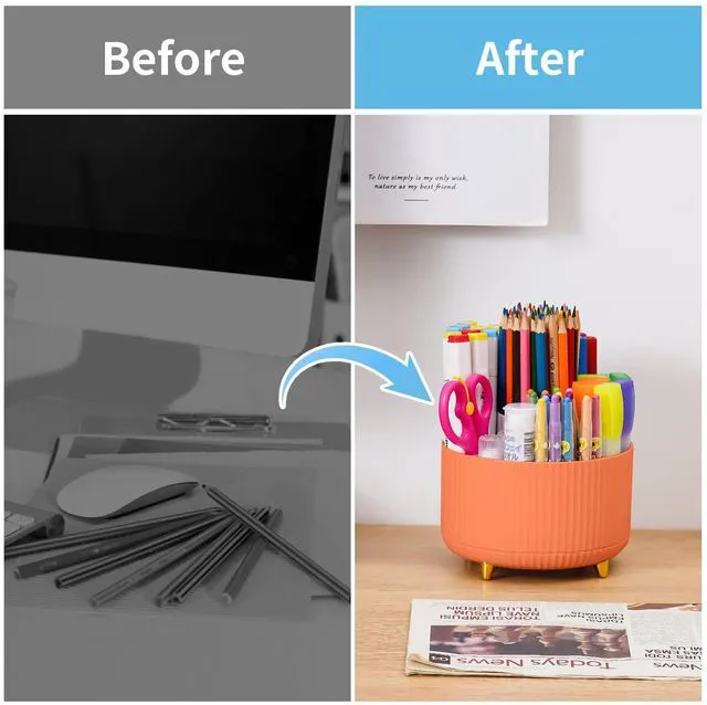 Alt view image 7 of 7 - Desk Organizer, 360-Degree Rotating Pen Holder, Desk Organizers and Accessories with 5 Compartments Pencil Holder, Art Supply Storage Box Caddy for Office, HomeOrange