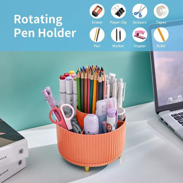Alt view image 3 of 7 - Desk Organizer, 360-Degree Rotating Pen Holder, Desk Organizers and Accessories with 5 Compartments Pencil Holder, Art Supply Storage Box Caddy for Office, HomeOrange