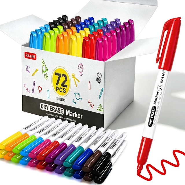 Alt view image 2 of 7 - Fine Tip Dry Erase Markers, 72 Pack, 12 Colors, 1-2mm Line, Non-Toxic Easily Erases, Non-Toxic Ink, Perfect for Whiteboards, Ideal for Kids, Students, Group Work & Classroom, Back to School