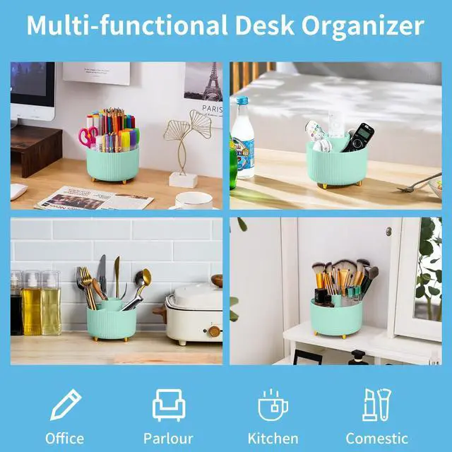 Alt view image 2 of 7 - Desk Organizer, 360-Degree Rotating Pen Holder, Desk Organizers and Accessories with 5 Compartments Pencil Holder, Art Supply Storage Box Caddy for Office, Home (Mint Green)