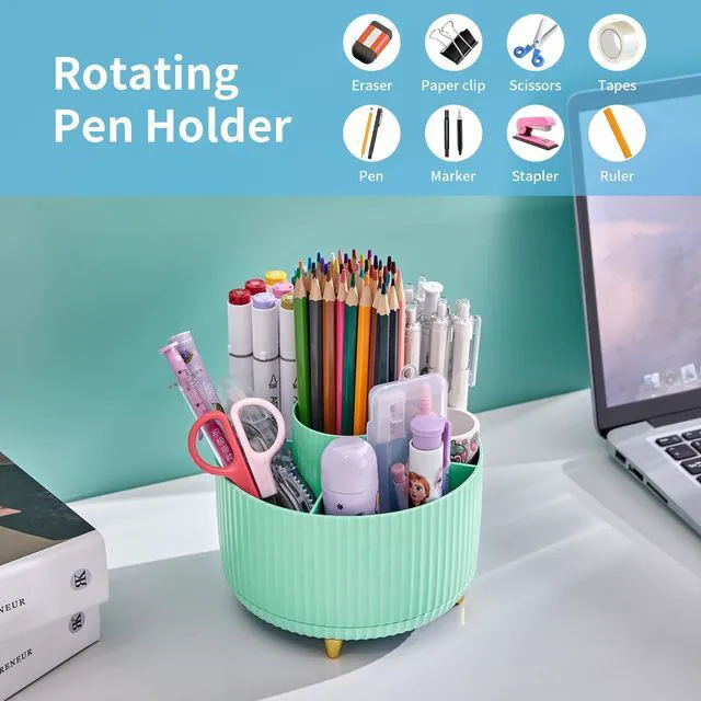 Alt view image 3 of 7 - Desk Organizer, 360-Degree Rotating Pen Holder, Desk Organizers and Accessories with 5 Compartments Pencil Holder, Art Supply Storage Box Caddy for Office, Home (Mint Green)