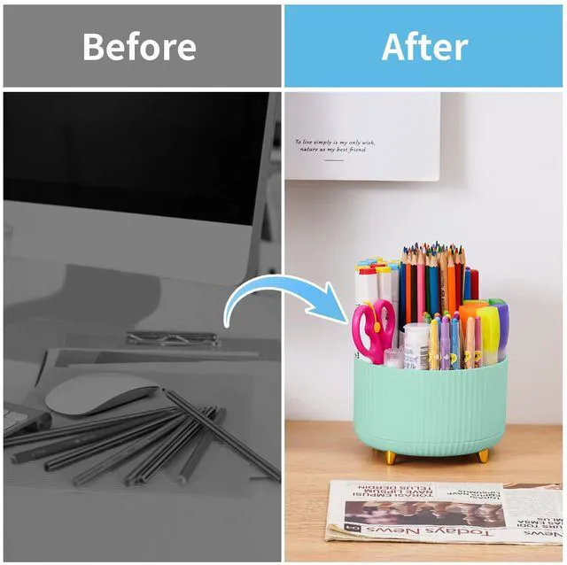 Alt view image 7 of 7 - Desk Organizer, 360-Degree Rotating Pen Holder, Desk Organizers and Accessories with 5 Compartments Pencil Holder, Art Supply Storage Box Caddy for Office, Home (Mint Green)