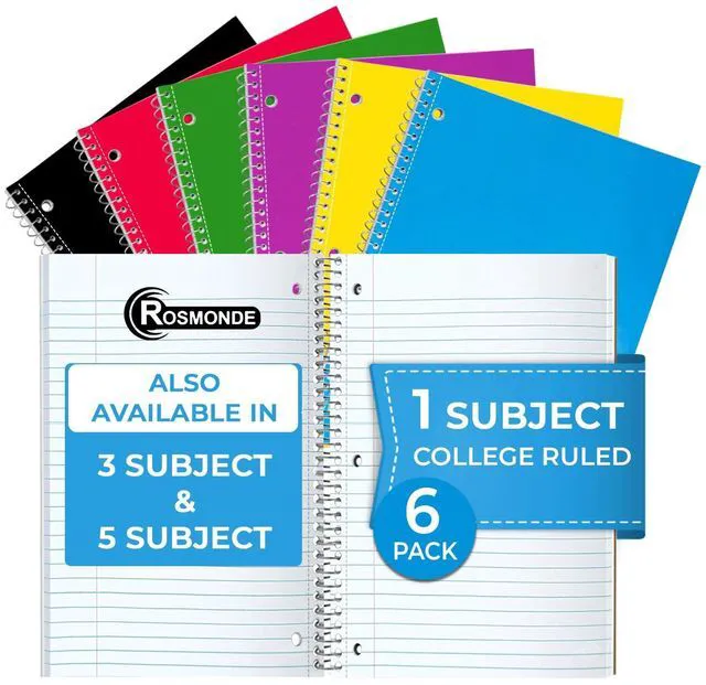 Main image of 6 Pack 1 Subject Notebook College Ruled, 70 Sheets (140 Pages) Thick No-Bleed Paper, 8 x 10-1/2", 3 Hole Punched Notebooks, Sturdy Back, College Ruled Notebook for School, Assorted Colors
