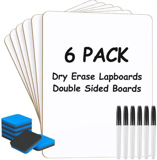 Main image of Double Sided Dry Erase Board, 9'' x 12'' Small White Board, 6 Pack Reusable Double Sided Surface, Easy to Write and Erase, Portable Small Learning Board, Includes 6 Markers and 6 Erasers