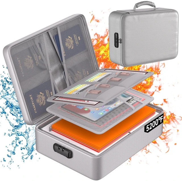 Main image of 5200°F Fireproof Document Organizer Box with Lock, Silver (Soft) Heat Insulated 8 Layers File Protection Bag,Water-Resistant Zipper,Portable Home Office Travel Safe Storage for Files,Laptop