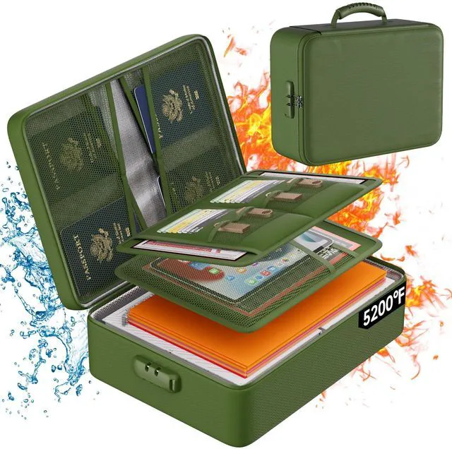 Main image of 5200°F Fireproof Document Organizer Box with Lock, Green (Soft) Heat Insulated 8 Layers File Protection Bag,Water-Resistant Zipper,Portable Home Office Travel Safe Storage for Files,Laptop