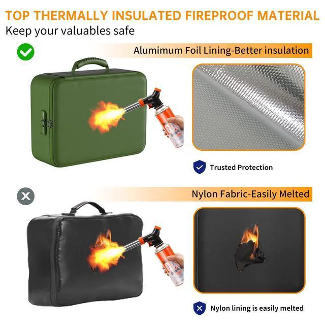 Alt view image 4 of 7 - 5200°F Fireproof Document Organizer Box with Lock, Green (Soft) Heat Insulated 8 Layers File Protection Bag,Water-Resistant Zipper,Portable Home Office Travel Safe Storage for Files,Laptop