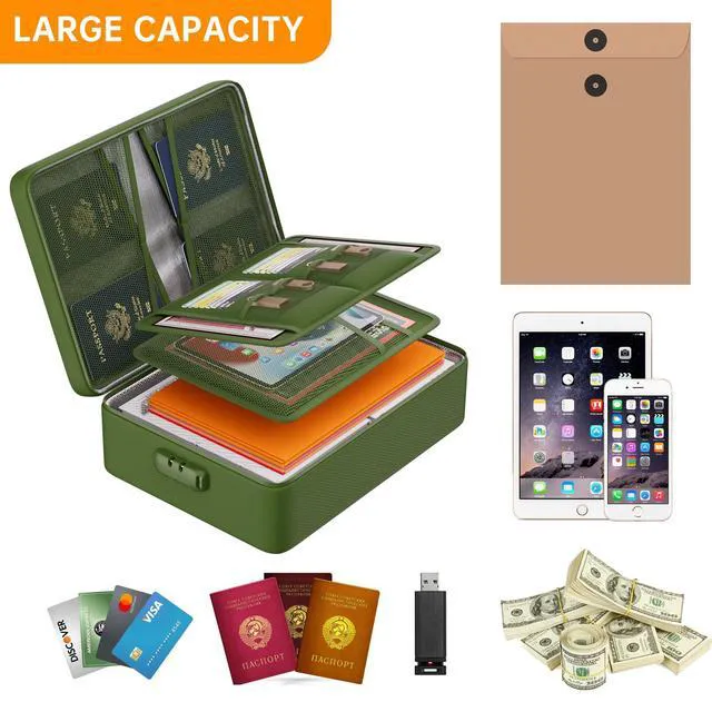 Alt view image 6 of 7 - 5200°F Fireproof Document Organizer Box with Lock, Green (Soft) Heat Insulated 8 Layers File Protection Bag,Water-Resistant Zipper,Portable Home Office Travel Safe Storage for Files,Laptop
