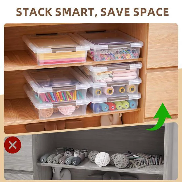 Alt view image 6 of 7 - 10PC Storage Bins with Lids, Stackable Plastic Box, Paper Storage Clear Storage Containers Stack to Save Space, Craft Organizer & Photo Storage Bins keep Board Game, Paper and Photos Sorted