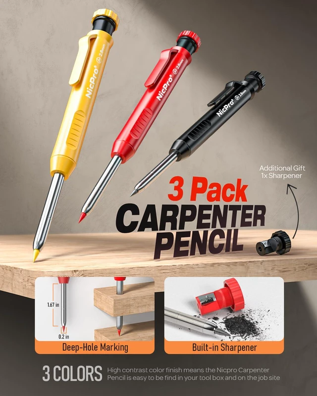 Alt view image 2 of 7 - 3 Pack Carpenter Pencils with Sharpener, Pencils for Construction 39 Refills, Comfortable Grip Construction Pencil, Heavy Duty Woodworking Pencil for Architect (Red, Black, Yellow)- With Case