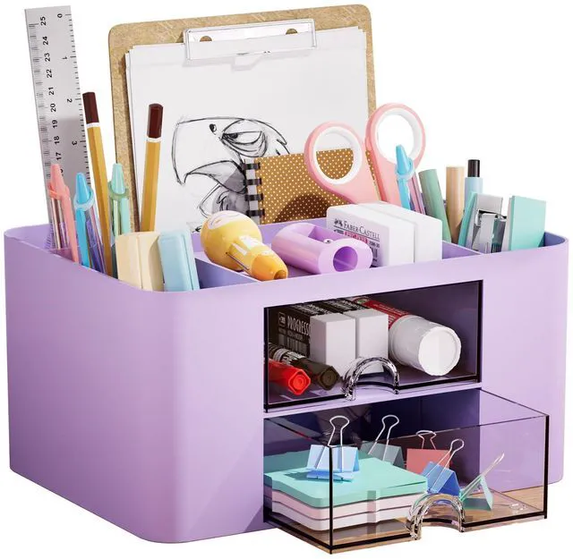 Main image of Pen Organizer with 2 Drawer, Multi-Functional Pencil Holder for Desk, Desk Organizers and Accessories with 5 Compartments + Drawer for Office Art Supplies (Purple)