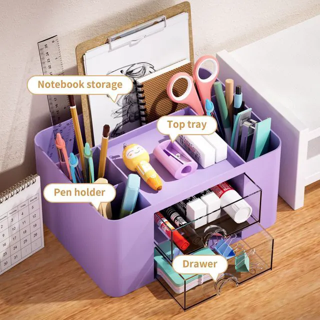 Alt view image 2 of 7 - Pen Organizer with 2 Drawer, Multi-Functional Pencil Holder for Desk, Desk Organizers and Accessories with 5 Compartments + Drawer for Office Art Supplies (Purple)
