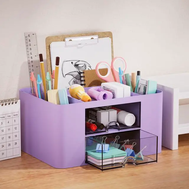 Alt view image 3 of 7 - Pen Organizer with 2 Drawer, Multi-Functional Pencil Holder for Desk, Desk Organizers and Accessories with 5 Compartments + Drawer for Office Art Supplies (Purple)